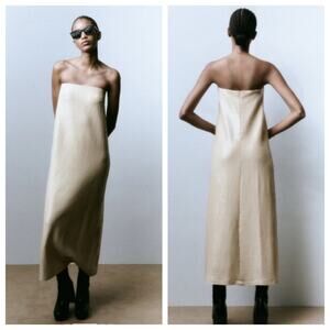 Zara Ecru Ivory Sequin Stretch Knit Strapless Midi Maxi Dress Size XS/S